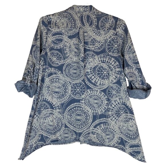 Zac & Rachel Womens Blue Patterned Tunic Long Roll-Tab Sleeves Size Large Flowy - Picture 2 of 6